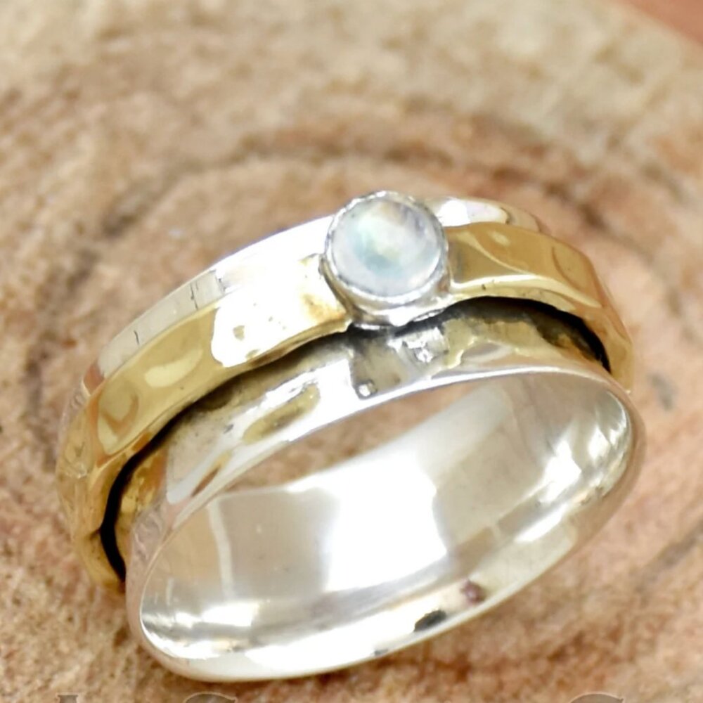 Moonstone Spinner Ring, 925 Sterling Silver, Size 6